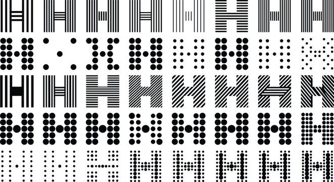 Stylized letter H pattern illustration with lines, dots, textures, typography study, graphic design vector artwork