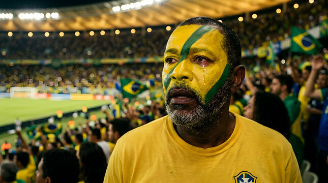 Emotional Brazil Soccer Fan Crying at Stadium | Heartbroken Football Supporter with Face Paint | Brazilian Man Shedding Tears After Match Loss | Passionate Sports Fan in Yellow Jersey Crowd
