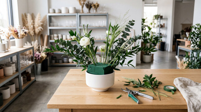 Modern Florist Workspace Featuring Minimalist Floral Arrangement Under Construction With Green Accents And Decorative Tools