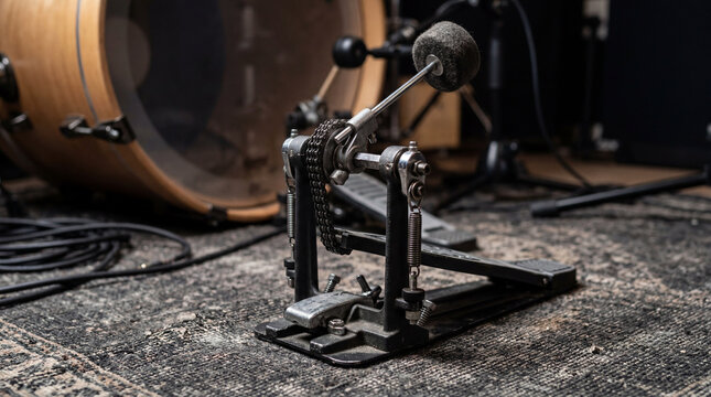 Close Up Of An Unbranded Kick Drum Pedal Beater Mechanism And Chain Drive Rest Position