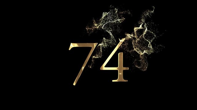 Golden number 74 from particles, numbering, seventy-four, golden numbers, alpha channel, numerology, beautiful golden numbers with particles on a transparent background