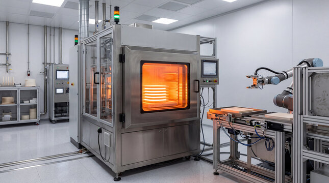 Modern Cleanroom Corner With An Automated Laser Sintering Oven Its Quartz Viewport Glowing With Heat