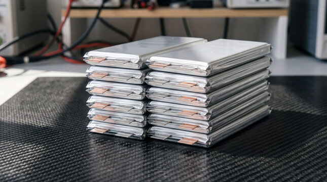 Collection Of Pristine Silver Lithium Polymer Pouch Cells Stacked Neatly On A Industrial Testing Table
