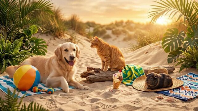 Golden retriever dog lying on beach towel with ball and toy. Orange cat sitting nearby guinea pig in sun hat with ice cream. Tropical pet vacation and summer relaxation concept