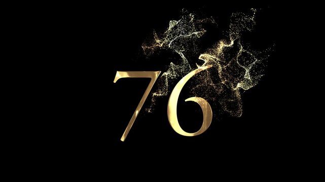 Golden number 76 from particles, numbering, seventy six, golden numbers, alpha channel, numerology, beautiful golden numbers with particles on a transparent background