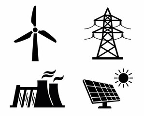 Fototapeta premium Set of energy icons including wind turbine, power transmission tower, plant and solar panel