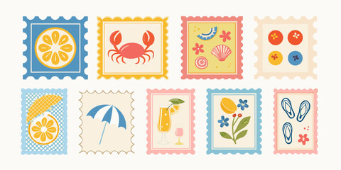 Vintage coastal postage stamp collection vector illustration with summery motifs © ChandanaRani