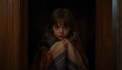 Fototapeta premium There is a little girl wrapped up in a blanket looking at the camera