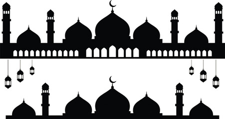 Islamic Mosque Skyline Silhouette Border with Ramadan Lantern Decoration © Momota