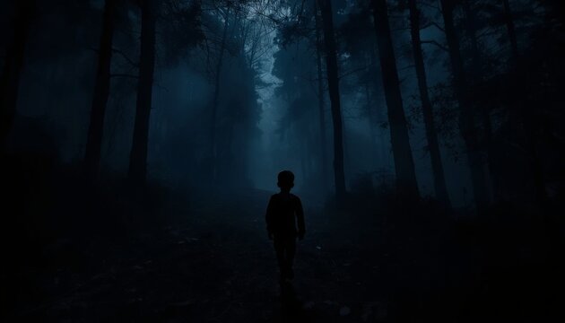 There is a person standing in the middle of a forest at night
