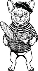 Fototapeta premium Anthropomorphic french bulldog holding a basket of fresh baguettes and pastry