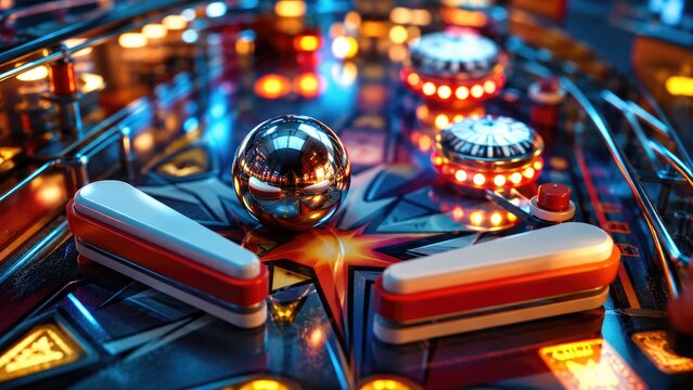 Close-up of a colorful illuminated pinball playfield with chrome ball and flippers