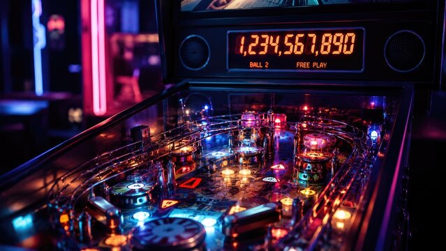 Close-up of illuminated pinball machine playfield and score display in a neon-lit retro arcade setting
