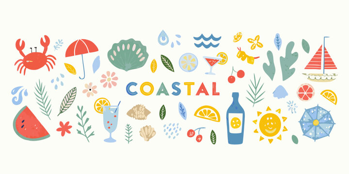 Coastal summer themed vector illustrations with crab beach umbrella and seashell elements