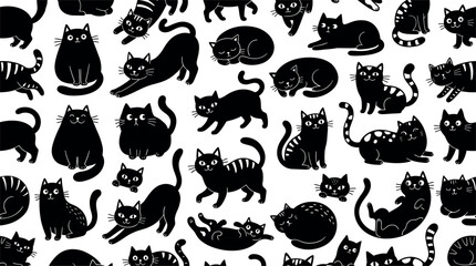 Obraz premium Seamless Pattern of Cute Black Cats and Kittens in Various Poses for Fabric Printing, Wrapping Paper, Backgrounds, and Halloween Graphic Designs