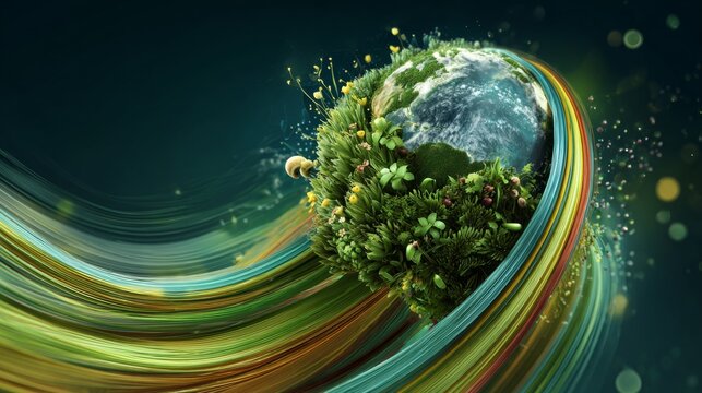 Earth's green renaissance: a visual ode to nature's renewal. Digital networking. Celebrating earth and ecology: seeds sprouting on a global canvas. Online networking. Information beams.