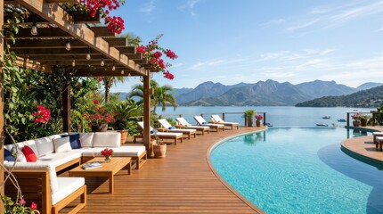 Fototapeta premium Modern poolside lounge by scenic lake