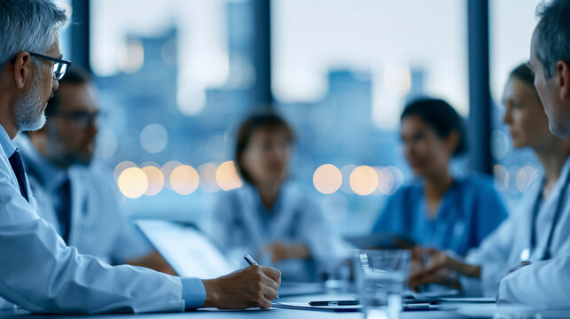 Faceless diverse medical team of doctors and nurses gathered in a modern hospital conference room with a city skyline view, discussing patient care strategies around a table,