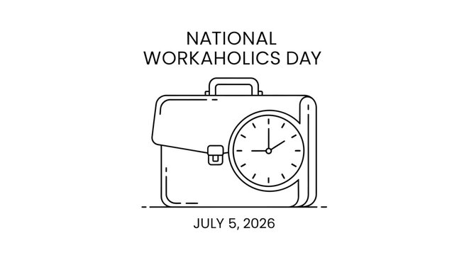 National Workaholics Day Line Art Illustration of Briefcase with Clock, July 5th