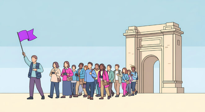 Tour guide leading a group of tourists through an archway