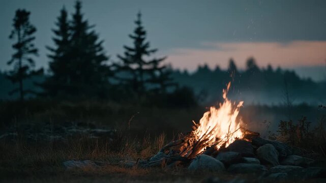 Campfire starting in forest clearing at dusk. Wood pile igniting with initial flames and sparks. Sequence showing fire building on logs surrounded by rocks and pine trees.