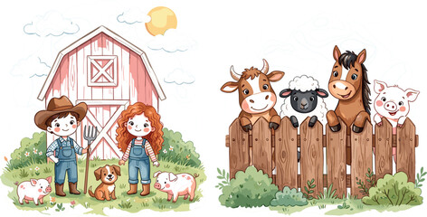 Cute Cartoon Farm Animals and Children Vector Illustration Set with Barn, Fence, Cow, Horse, Sheep, and Piglets for Kids Book Designs © MdMostakin