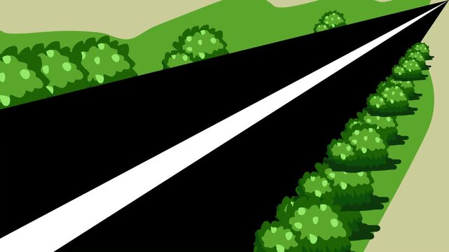 long road animation moving from top corner to bottom corner with flat style bushes