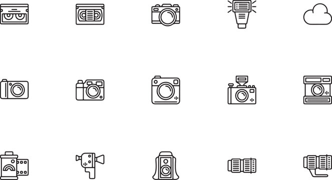 Photography Equipment, Cameras and Lenses Outline Icons
