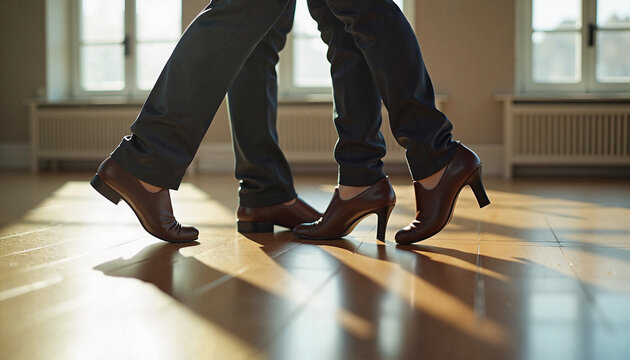 Elegant couple performing synchronized ballroom dance steps on a sunlit wooden floor in a classic dance studio against a warm interior background with copy space