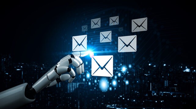 An AI powered email inbox with a smart message notification filter. An AI concept for prioritizing important electronic mail and communication. Motif