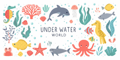 Marine Life Collection Flat Vector Illustration With Colorful Sea Creatures © SagoriRani