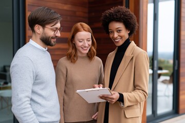 Obraz premium Smiling realtor showing property documents to young couple on modern wood exterior porch for home listing presentation and client consultation