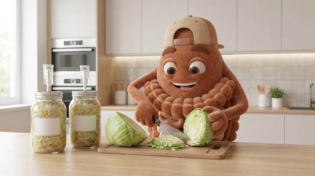 Cute intestine character chops cabbage for fermentation in a modern kitchen. Funny concept for gut health, probiotics, and making homemade sauerkraut. 3D render.