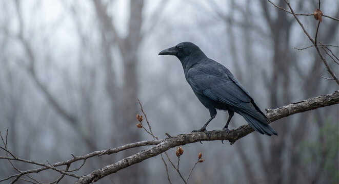 Black Crow Perched On Bare Tree Branch In Misty Forest 
