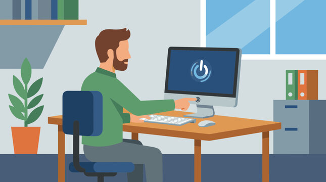 Man working on computer in office with power button on screen