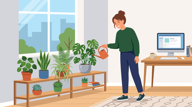 Woman watering houseplants in a bright room with a computer desk and window view