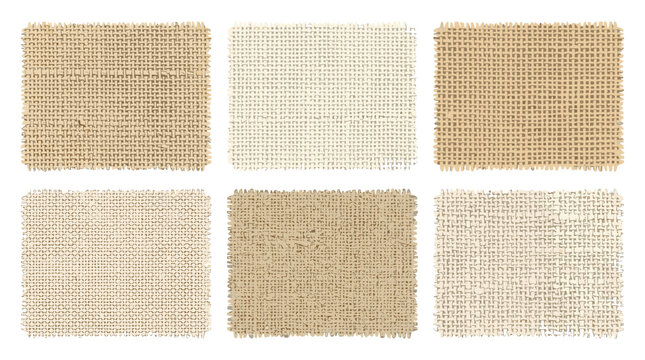 Collection of six different burlap fabric textures in various shades of beige and white