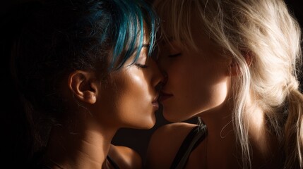 Fototapeta premium Two people sharing a close moment in a dark setting as they lean in for a kiss during an intimate scene in the evening