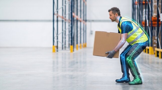 Worker lifting box with ergonomic posture and skeletal overlay for workplace safety concept. copy space