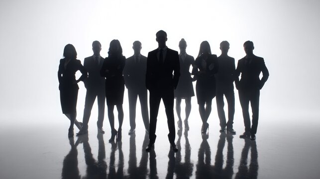 Business team gathers in dark studio for group photo during conference preparation near the end of the workday