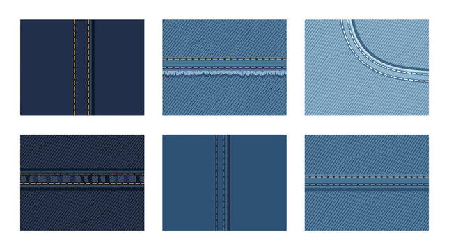 Collection of denim fabric textures and stitching details for fashion design