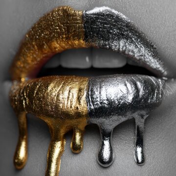 Black and white skin macro, dripping dual-tone liquid paint (half gold, half silver) on lips, creative abstract