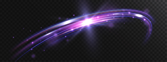 Fototapeta premium Abstract glowing light trail arc with bright energy streaks, sparkling particles and neon motion effect. Futuristic luminous swoosh isolated on transparent background. 