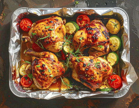 Honey mustard chicken, roasted tomato and zucchini, campfire foil pan, top view. AI