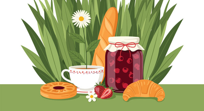 Delightful breakfast spread featuring a cup of tea, fresh bread, fruit jam, a cookie, and a croissant, nestled in tall grass and flowers.