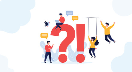 Naklejka premium Diverse people interact playfully with a giant question mark and exclamation mark, some sitting, swinging, and jumping, representing problem-solving and curiosity.