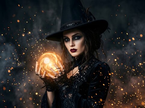 Young woman witch holding glowing magical orb with dark misty background sorceress mystical halloween mysterious enchantment portrait