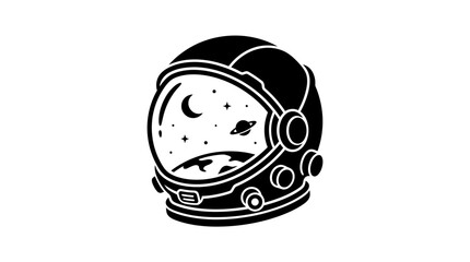 Fototapeta premium Astronaut helmet silhouette with celestial scene black on white background