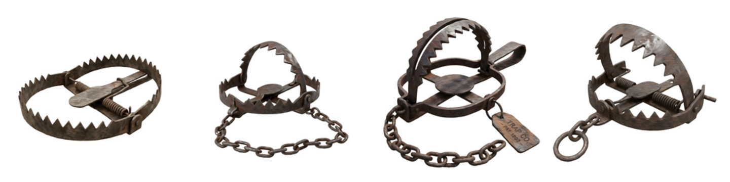 Vintage Metal Animal Traps Collection: Antique Steel Bear and Wildlife Traps with Chains, Detailed Historical Hunting Equipment Isolated on White Background