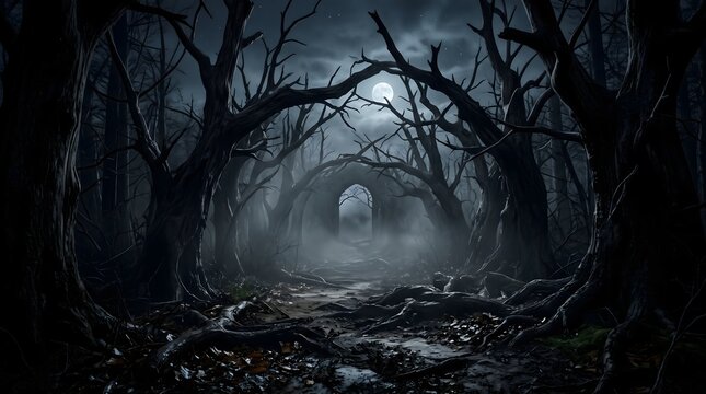 Mysterious dark forest path at night under full moon with twisted silhouetted trees mysterious halloween landscape adventure nighttime
